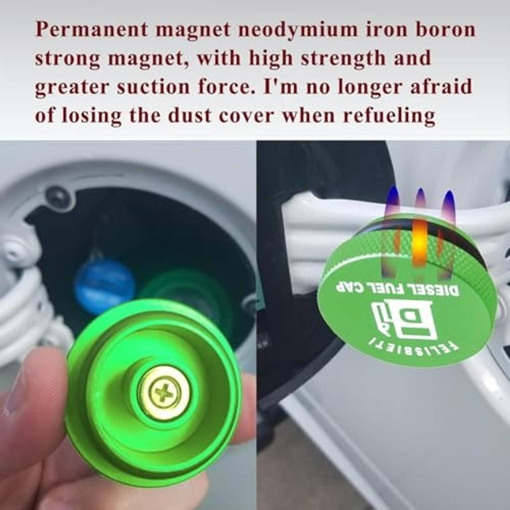 Green diesel fuel cap with magnet feature shown in refueling port close-up