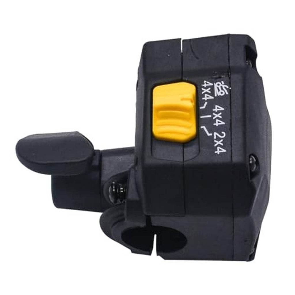 Thumb throttle control lever with black handle, yellow rocker switch, and switch markings
