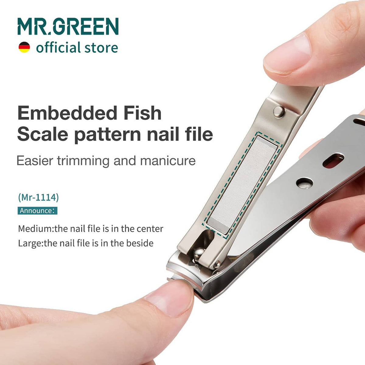 Nail clipper with embedded fish-scale nail file, silver finish