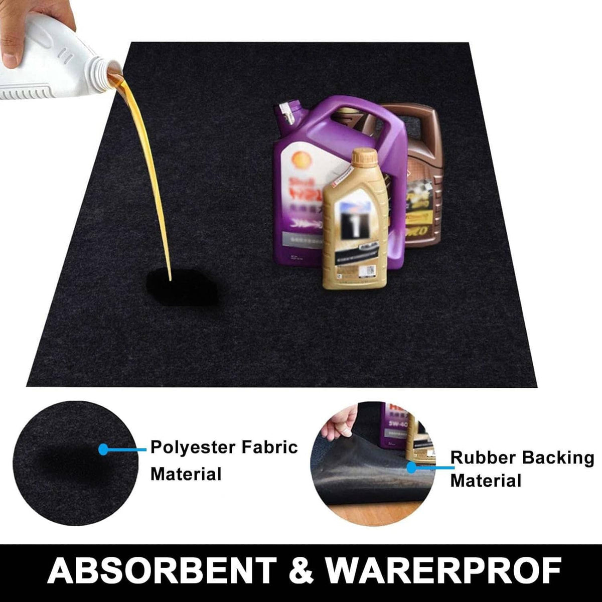 Black absorbent oil spill mat with cleaning bottles and poured liquid