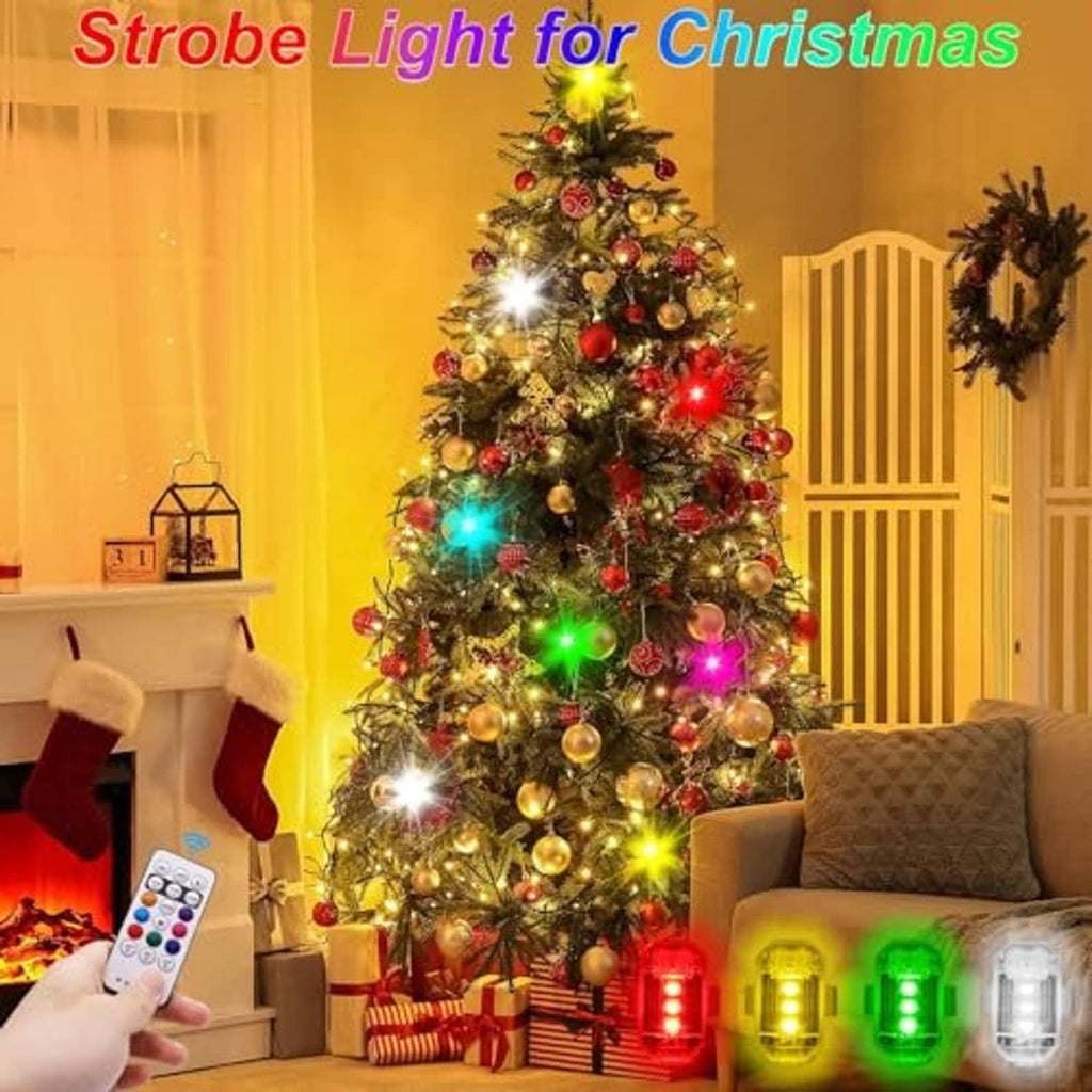 Christmas tree with multicolor LED strobe lights glowing, remote-controlled display