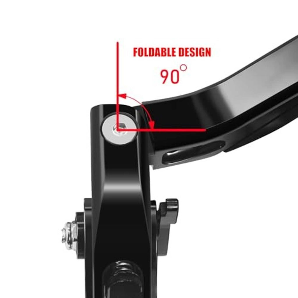 Black foldable motorcycle lever end with 90-degree fold hinge and mounting post