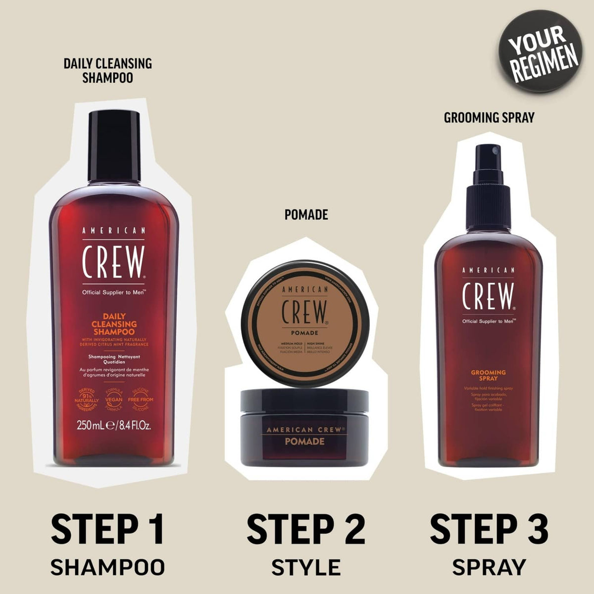 Grooming products set: daily shampoo bottle, pomade jar, and spray bottle