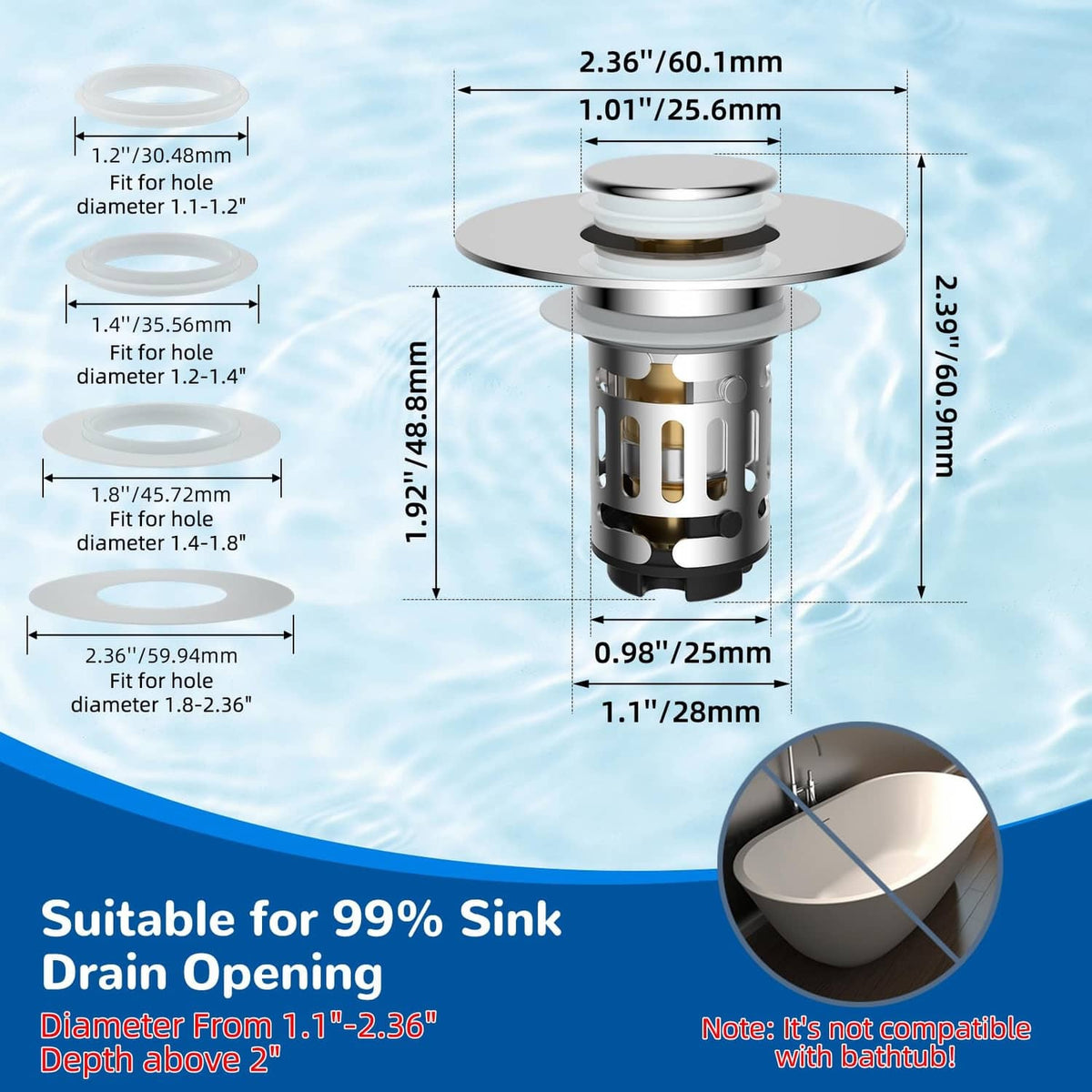 Chrome pop-up drain stopper with dimensions for fitting sink drain openings.