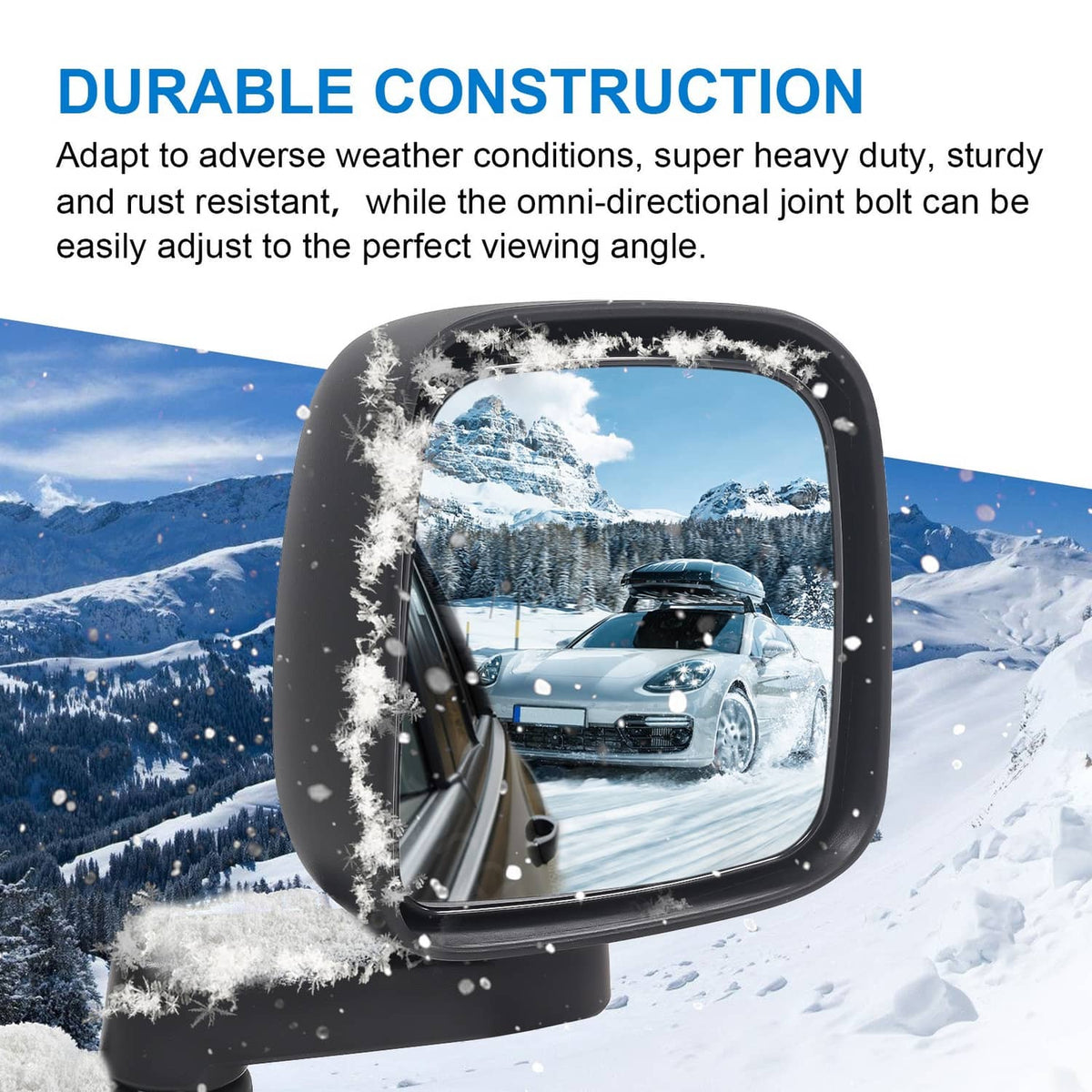 Black side view mirror with protective frame, shown with weather-splashing detail