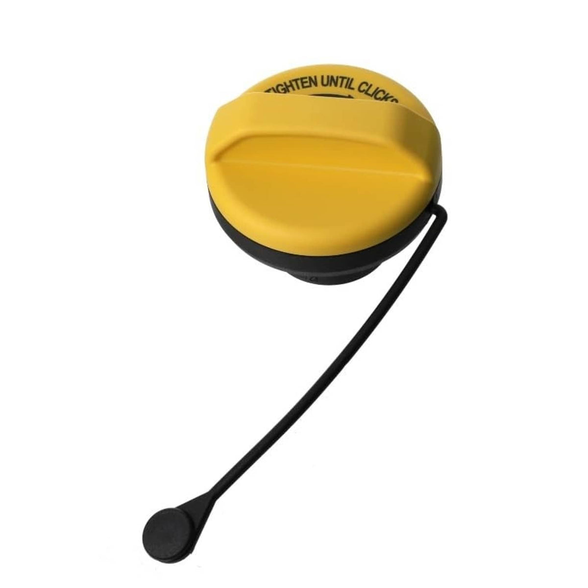 Yellow fuel filler cap with black hose, top label “Tighten until Click”