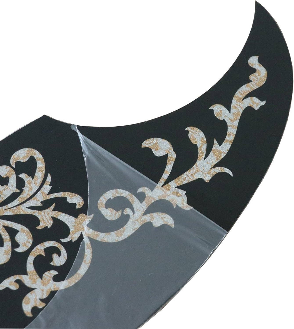 Black teardrop pickguard plate with gold ornament, clear protective film visible