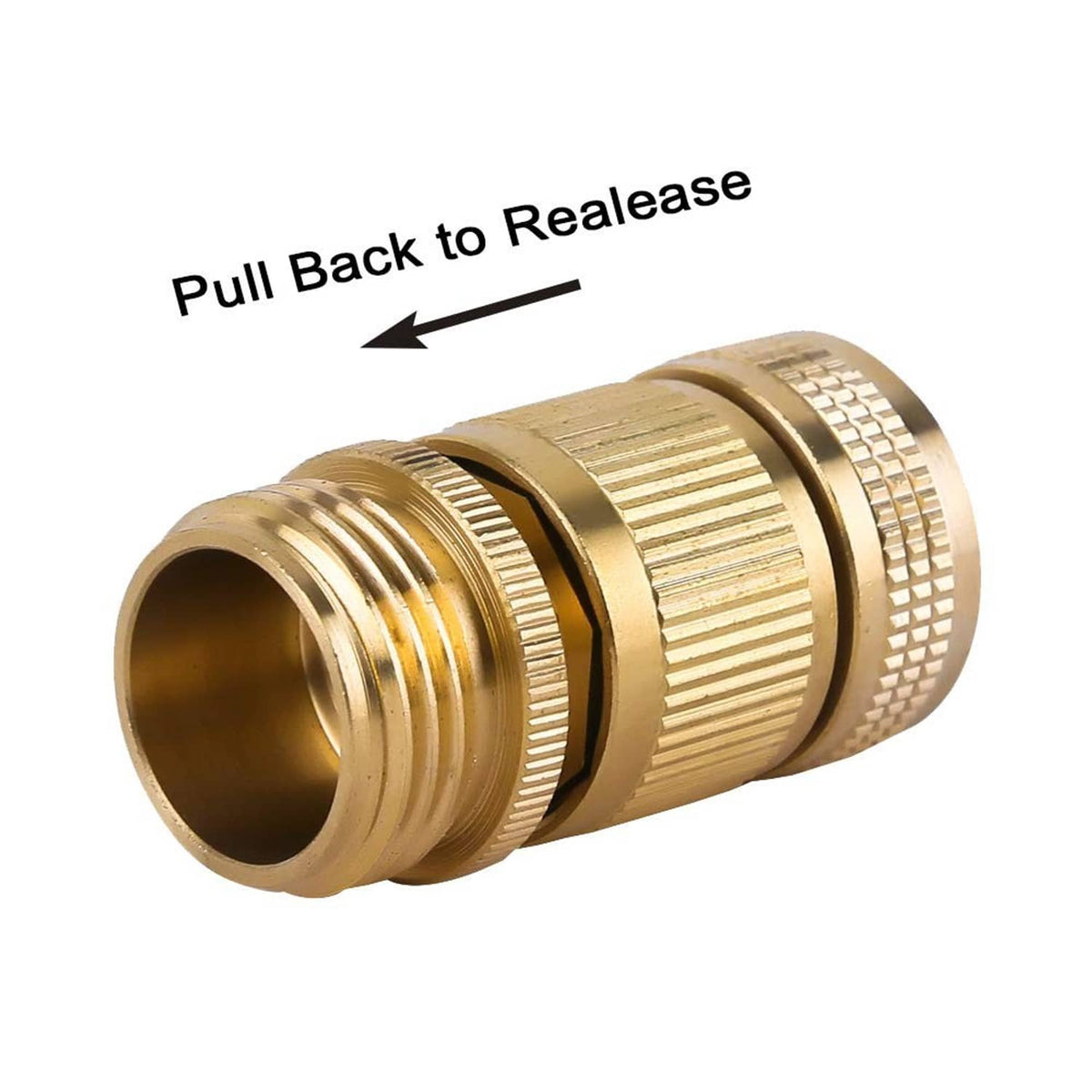 Brass garden hose quick-connect coupler with ribbed grip for pull-back release