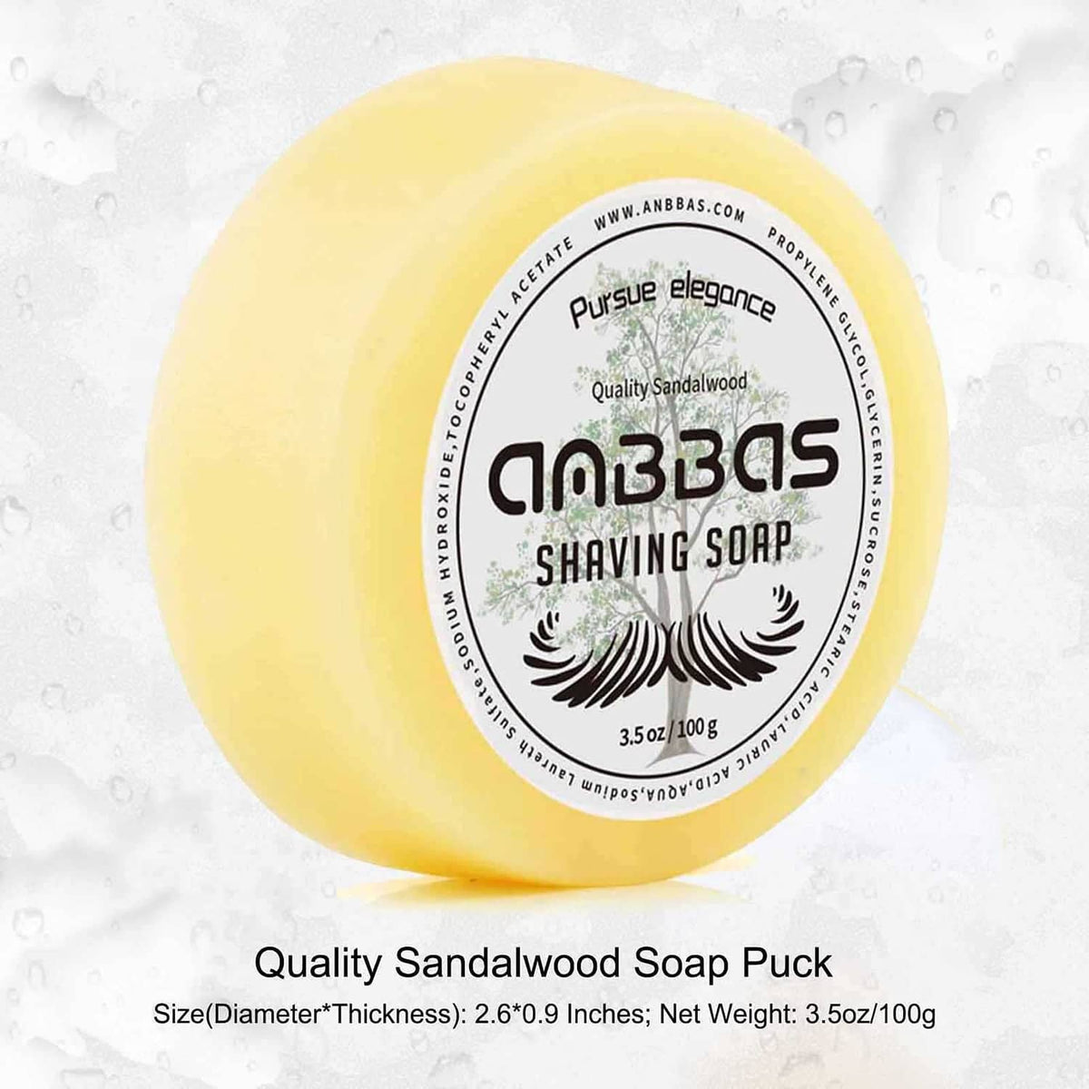 Anbbas yellow sandalwood shaving soap puck with circular label