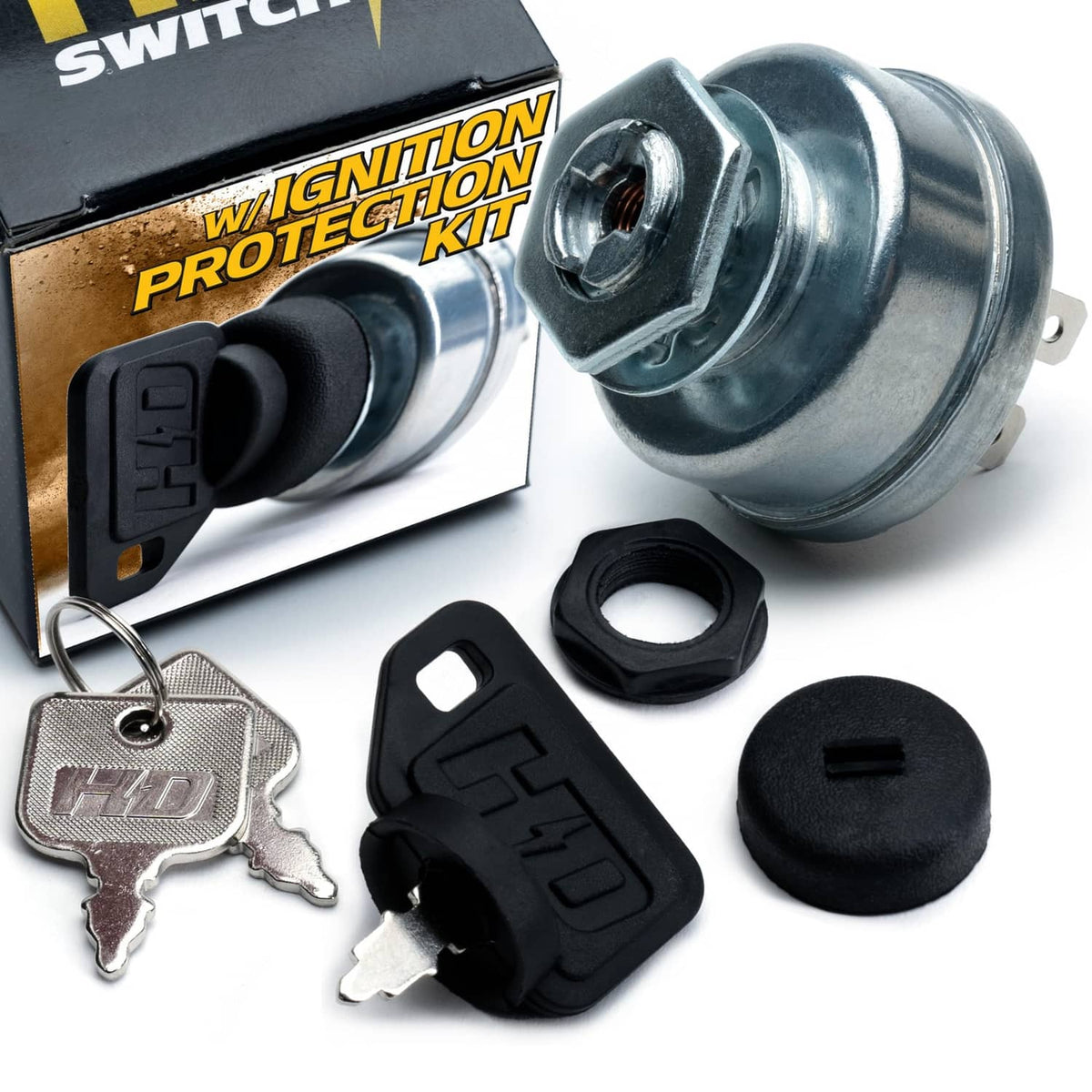 Ignition switch starter key set with metal keys and black protective caps