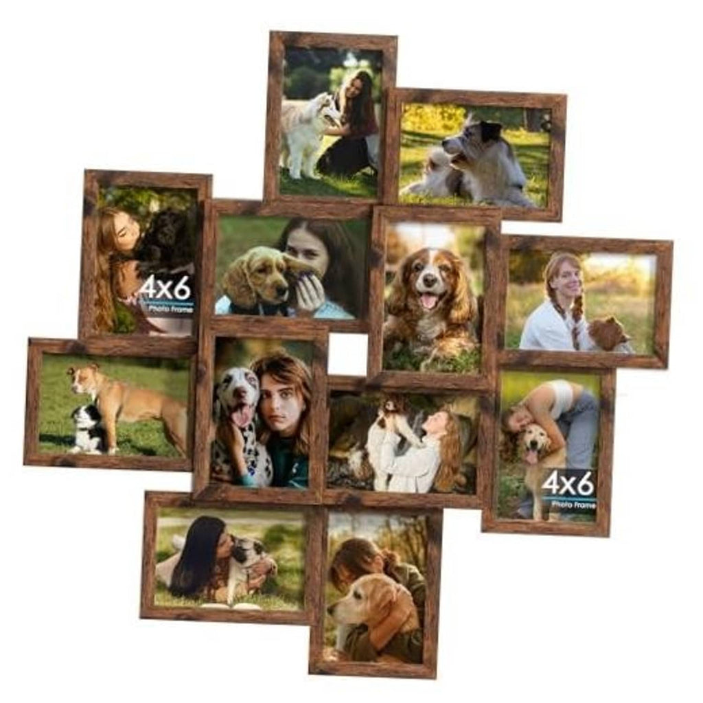 Brown 4x6 collage picture frames displaying a multi-photo grid with wooden borders