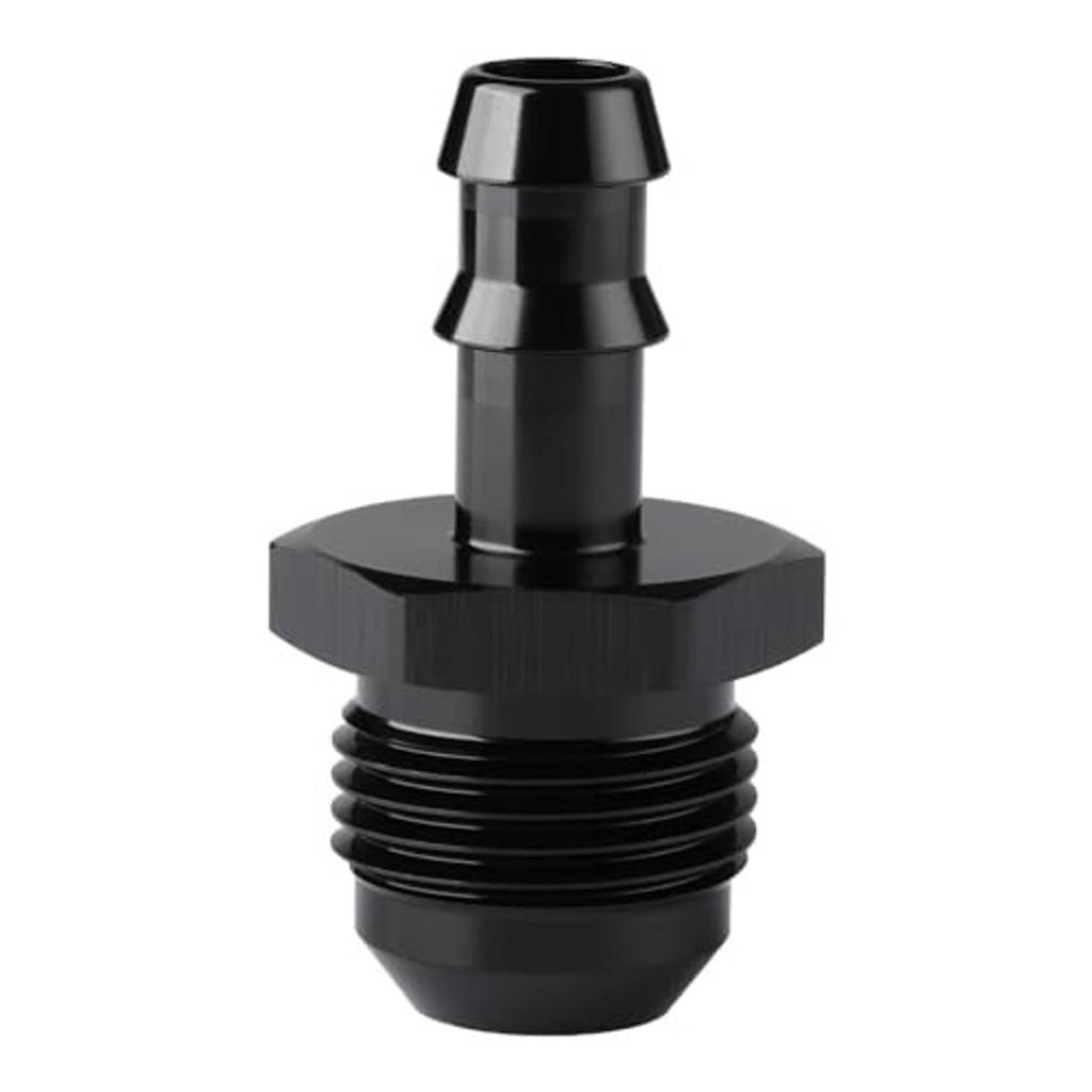 Black straight adapter fitting with ridged threads and barbed 3/8 hose end