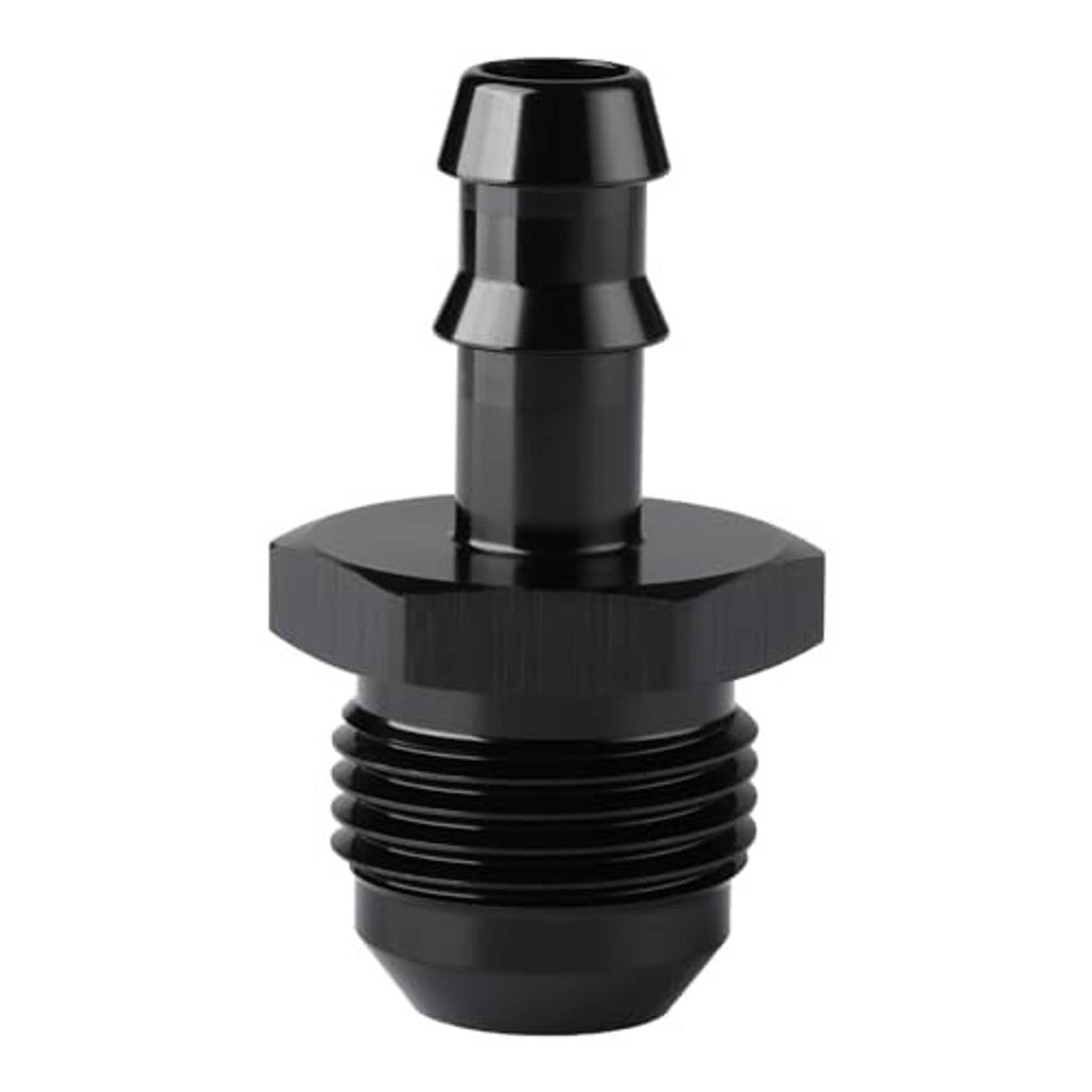 Black straight adapter fitting with ridged threads and barbed 3/8 hose end