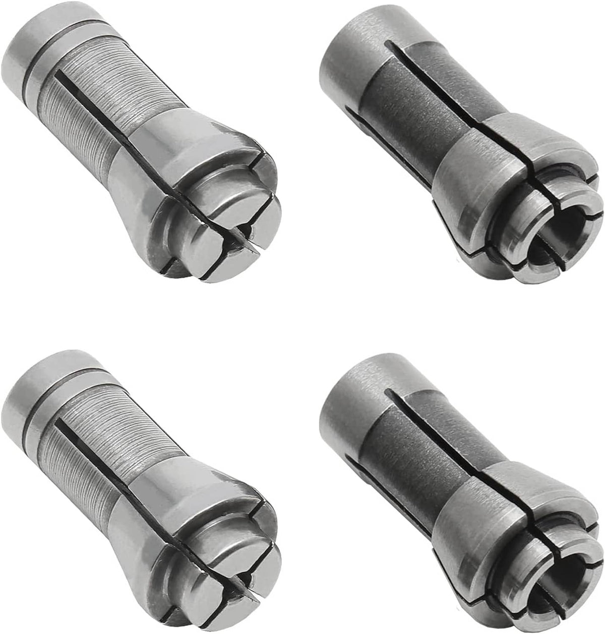 Die grinder collet set in silver and dark metal, with collet locking grooves