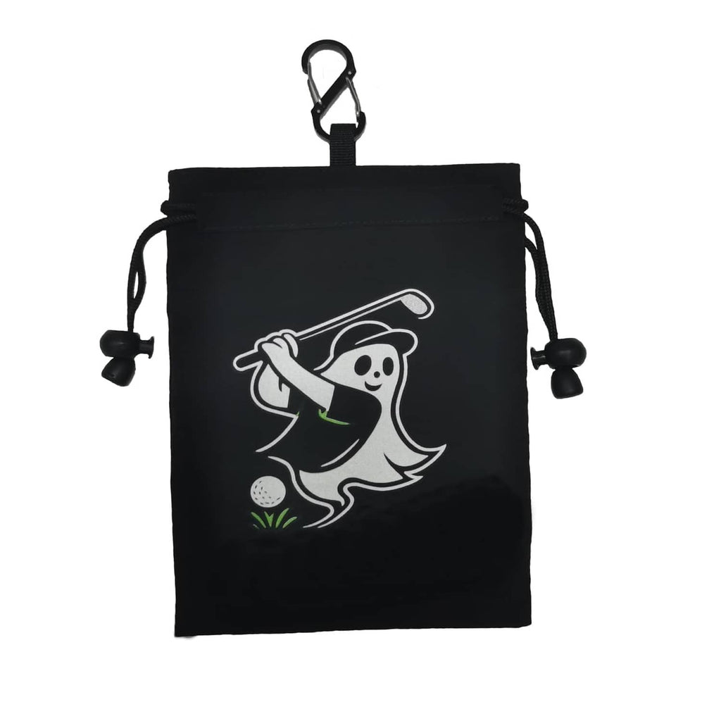 Black drawstring golf valuables pouch with white golfer graphic and metal carabiner clip.