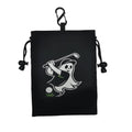 Black drawstring golf valuables pouch with white golfer graphic and metal carabiner clip.