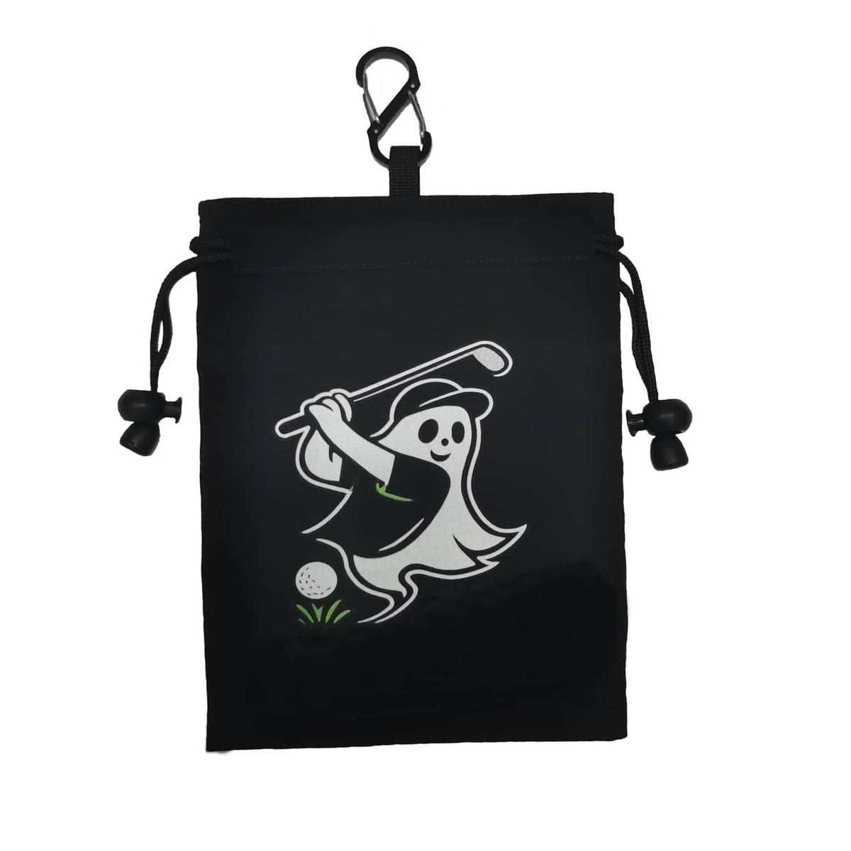 Black drawstring golf valuables pouch with white golfer graphic and metal carabiner clip.
