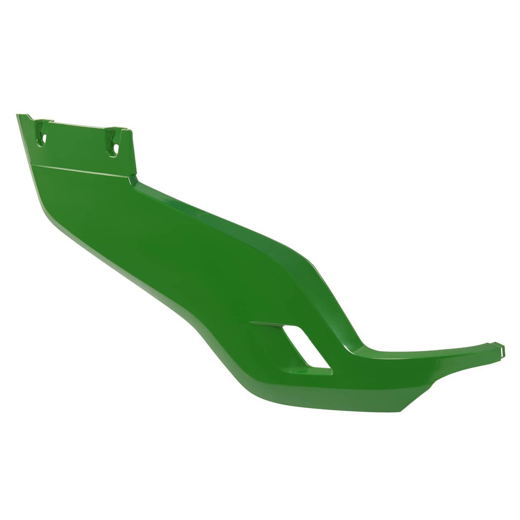 Green mower side panel with top mounting holes and a rectangular vent opening