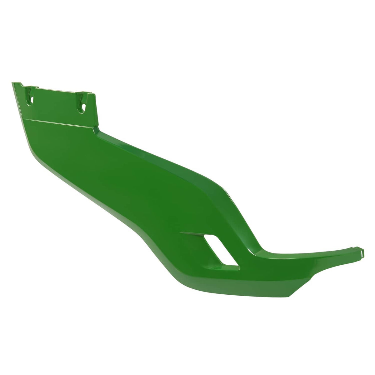 Green mower side panel with top mounting holes and a rectangular vent opening