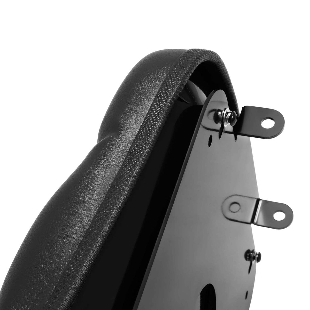Black tractor seat mounting brackets with screws and metal base plate, side edge view.