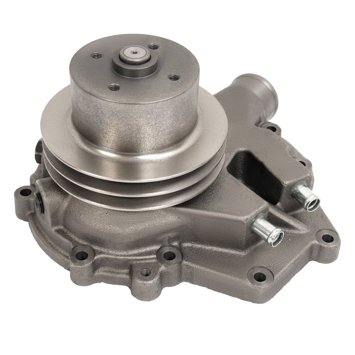 Steel water pump with V-belt pulley and side ports, metallic gray housing.