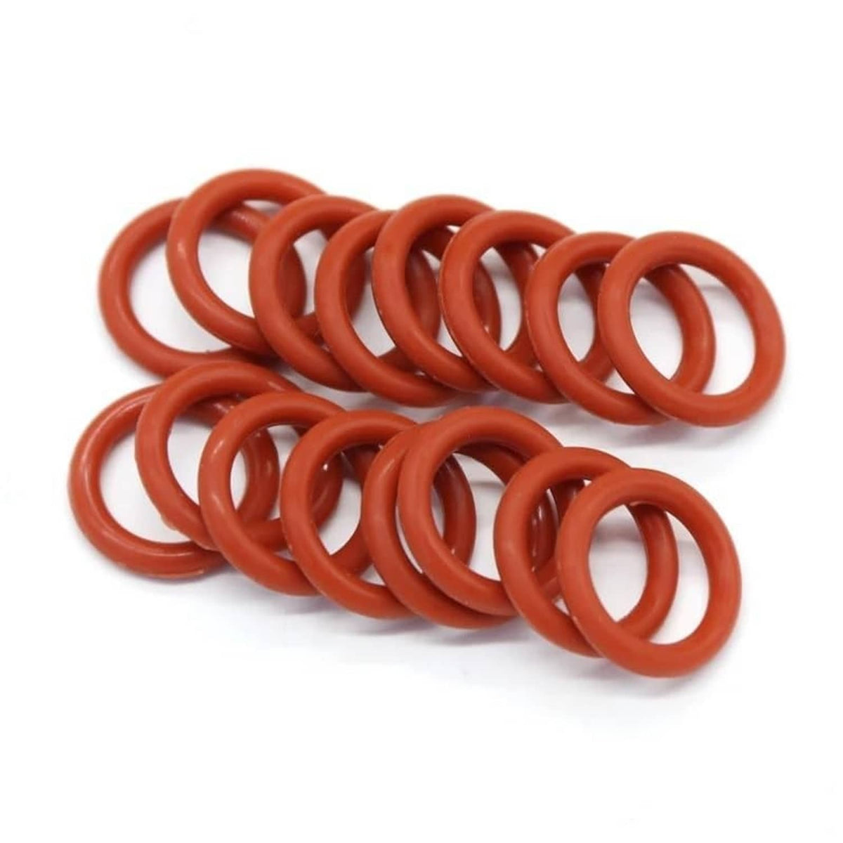 Stacked red silicone O-rings, assorted diameters