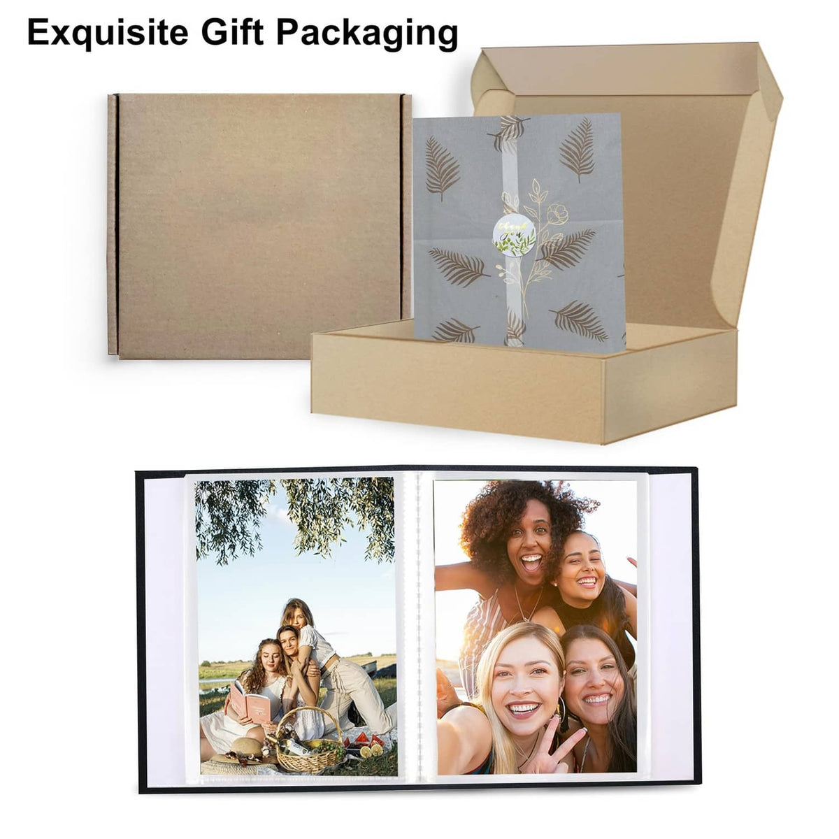 Black photo album open with photos, shown with gift box packaging