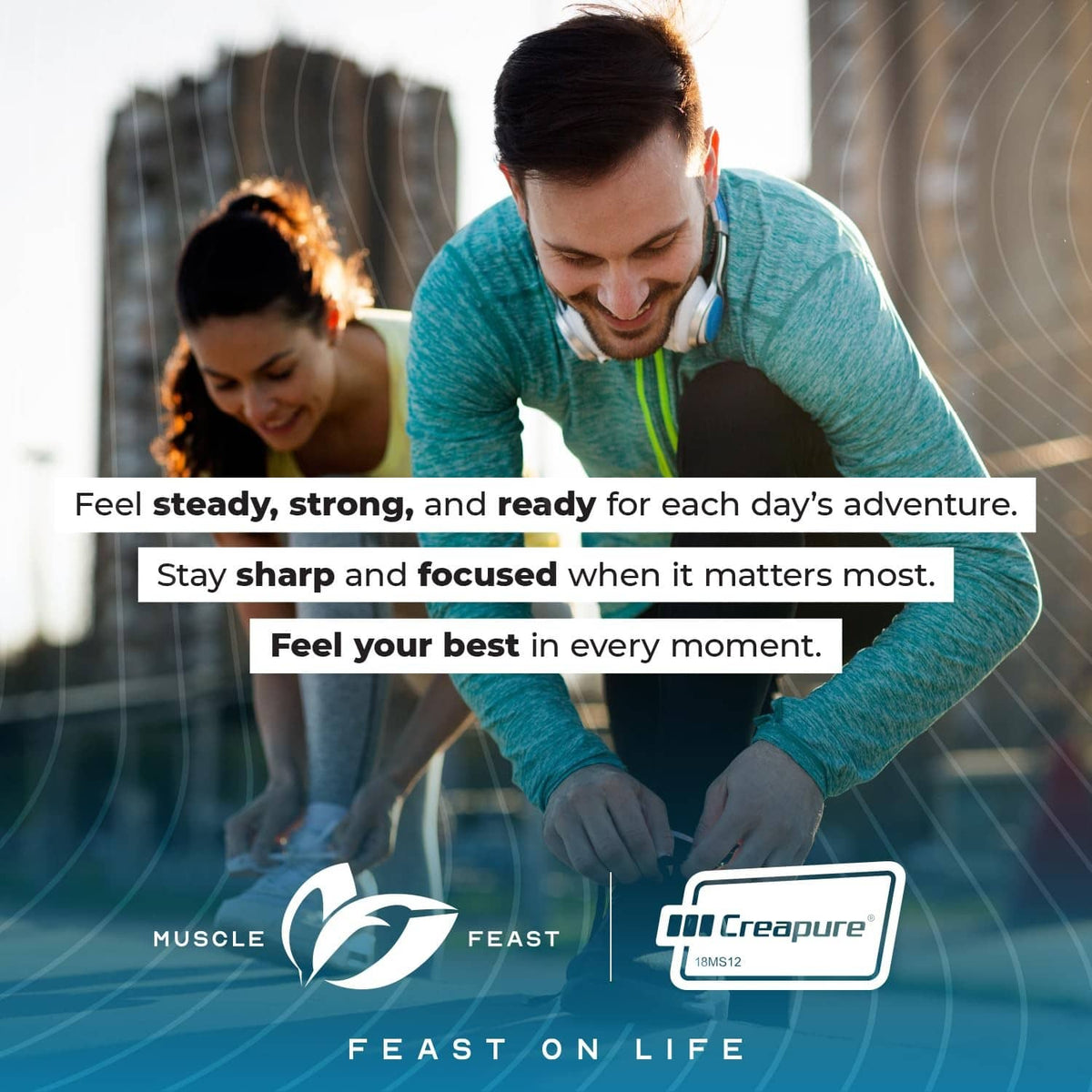 Creatine monohydrate powder branding banner with Muscle Feast and Creapure logos