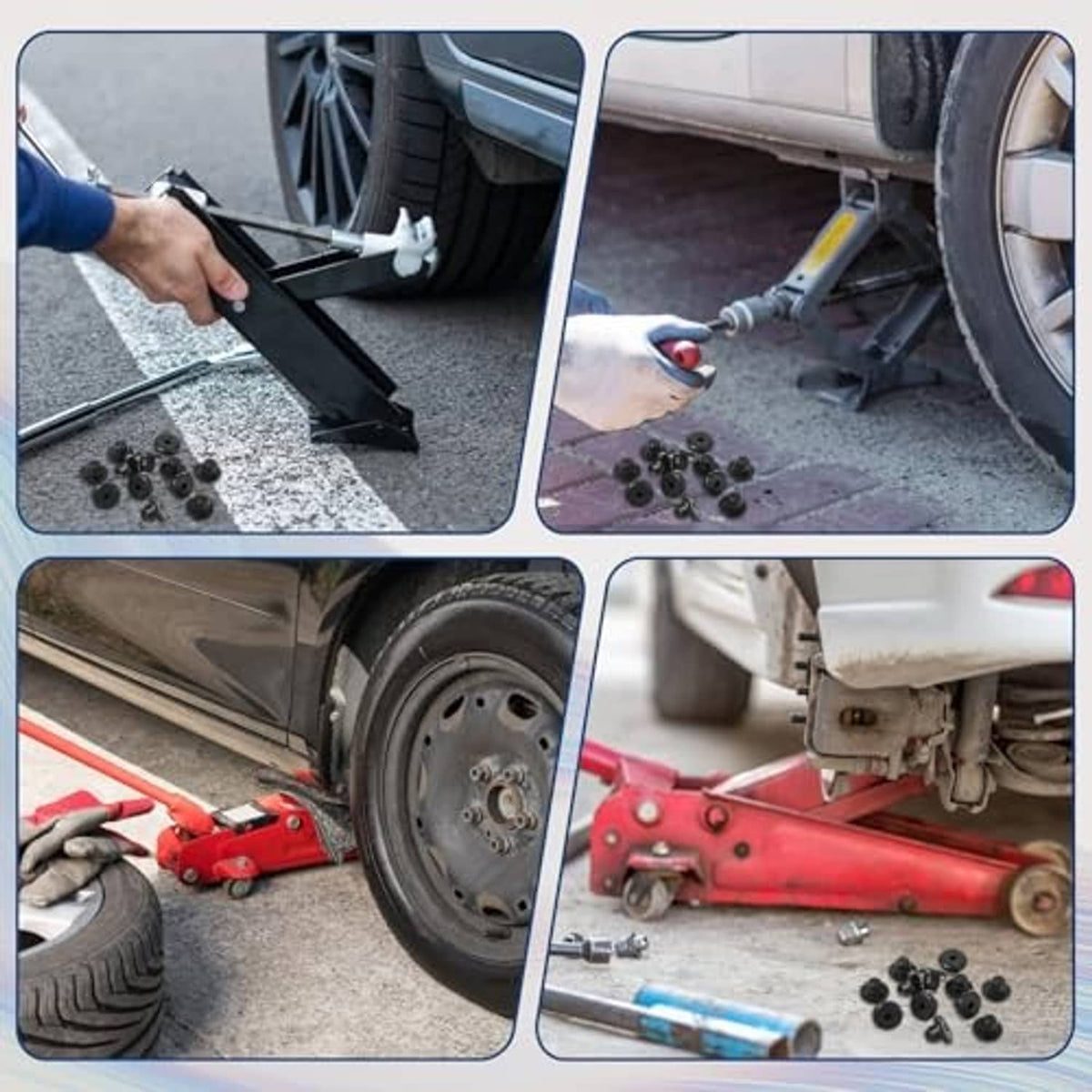 Black rubber hydraulic jack oil plugs, flat-head caps with center holes on ground