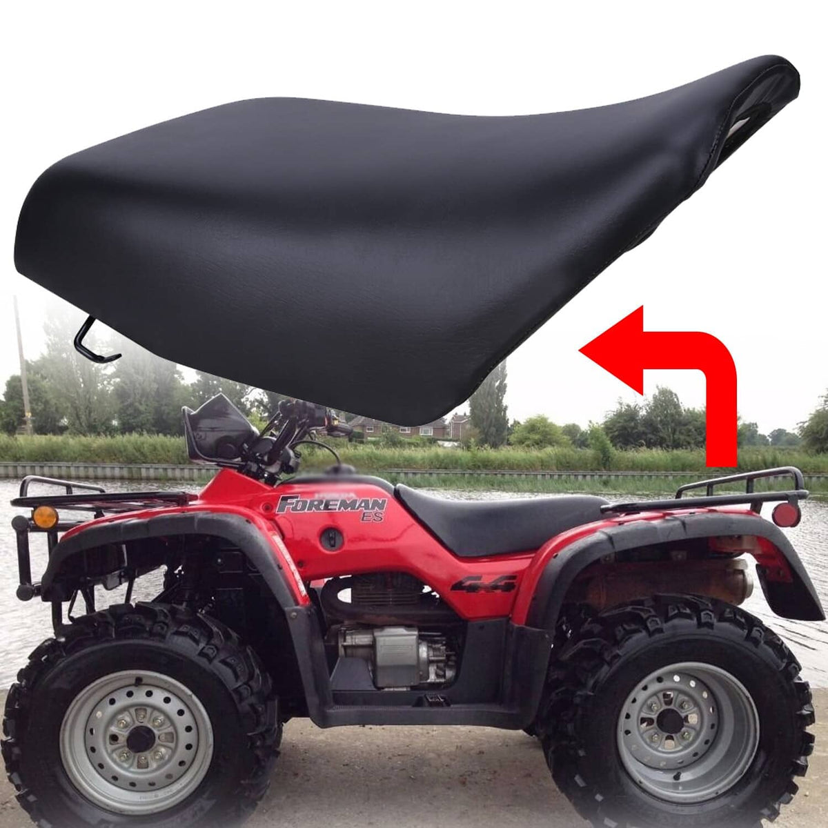 Black contoured ATV seat with mounting hooks, side view