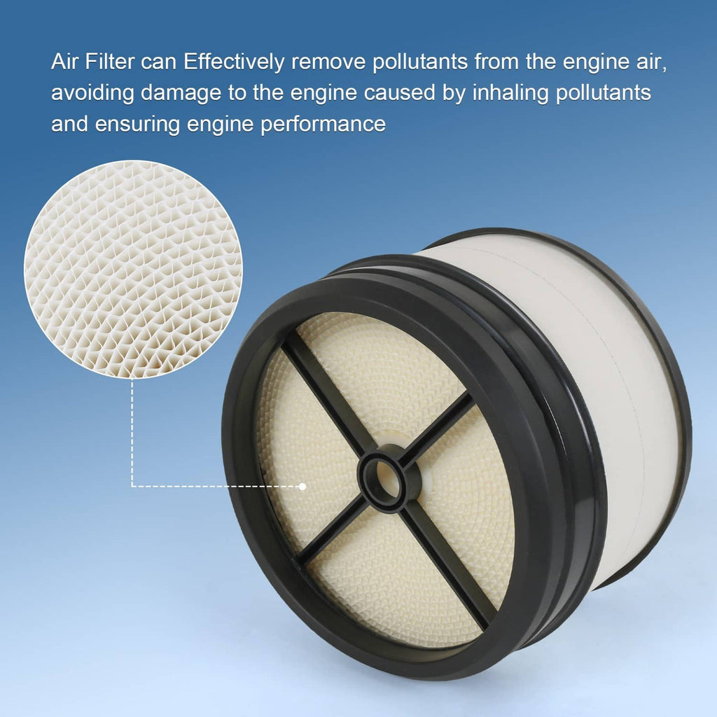 Engine air filter angled view, white pleated core inside black frame
