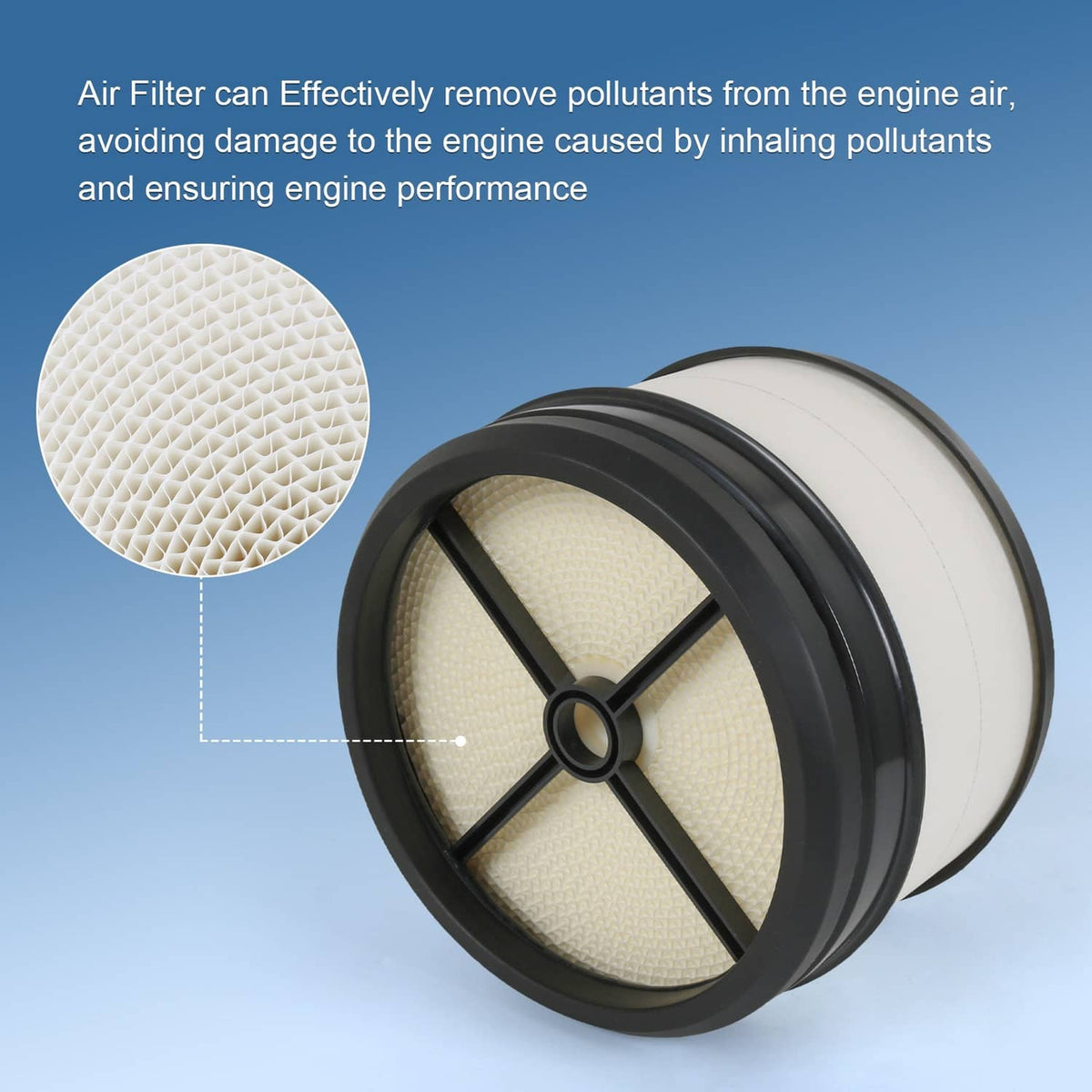 Engine air filter angled view, white pleated core inside black frame
