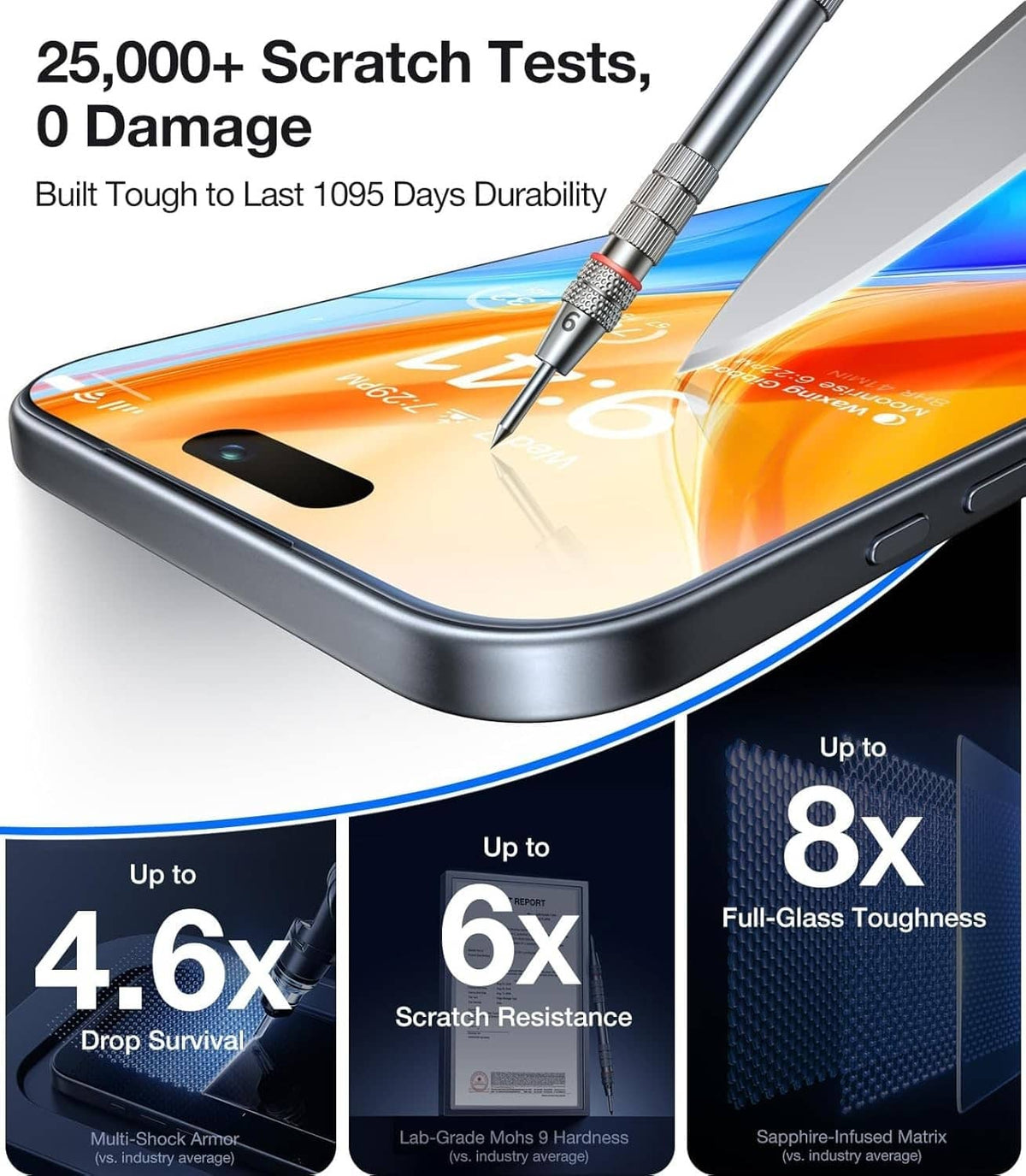 Clear 9H+ glass screen protector corner on iPhone 16 Pro, scratch-resistant protection