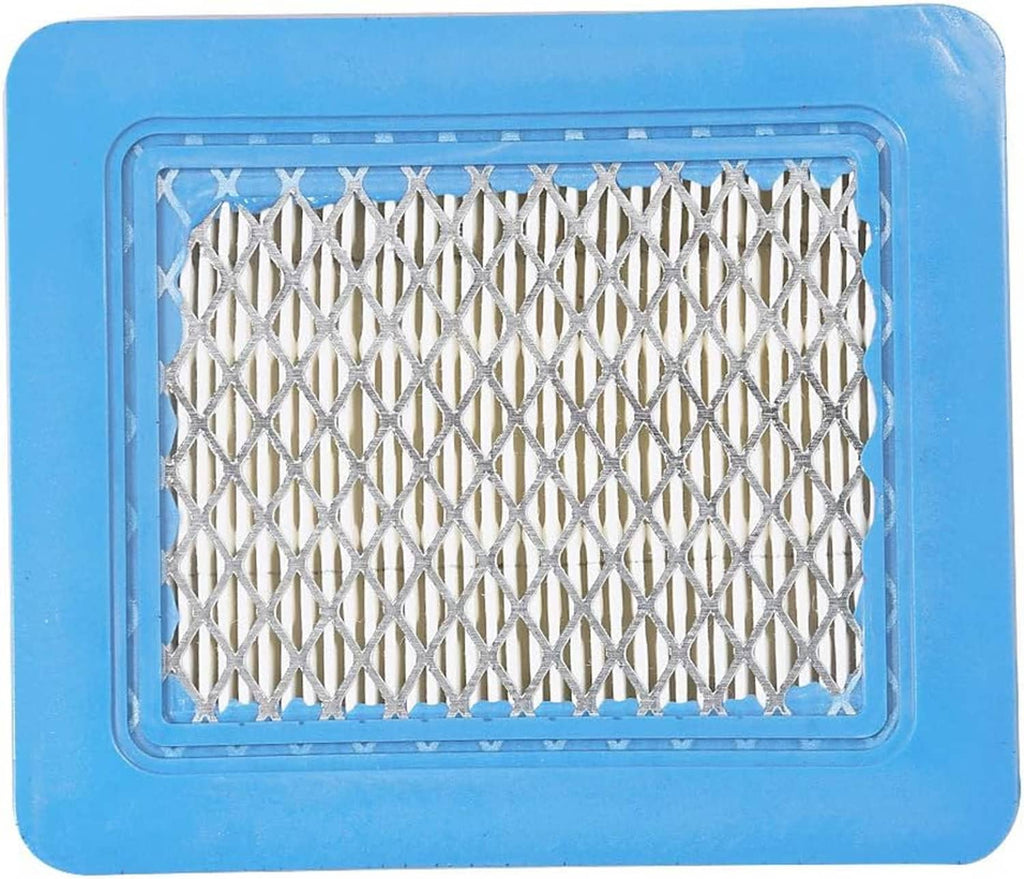 Air filter element with blue frame and silver metal mesh screen