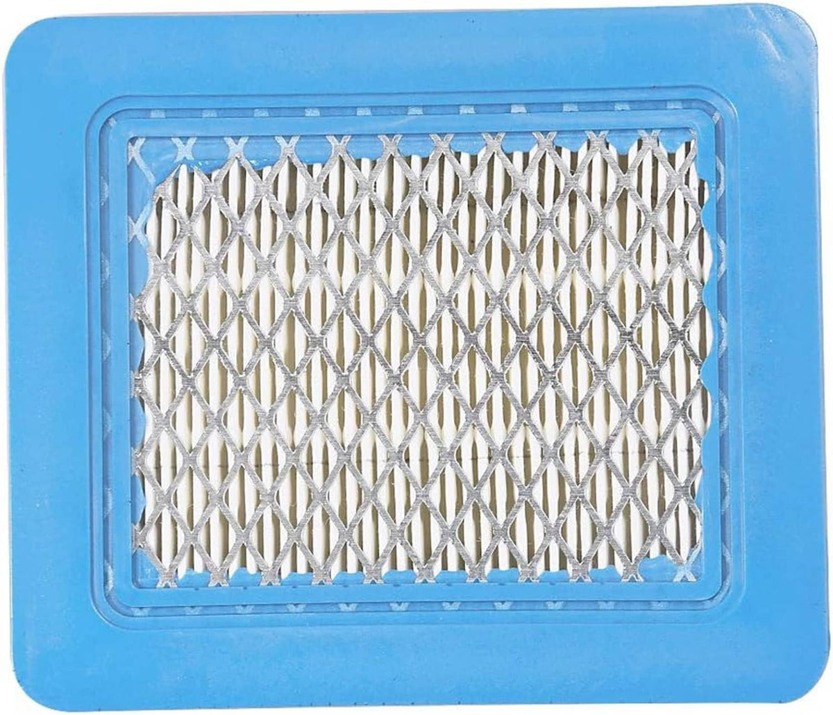 Air filter element with blue frame and silver metal mesh screen