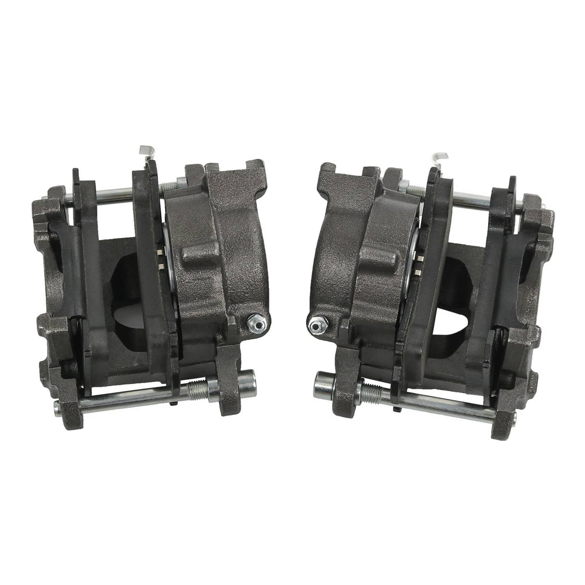 Bolt-on rear disc brake caliper assemblies, two black units with mounting brackets
