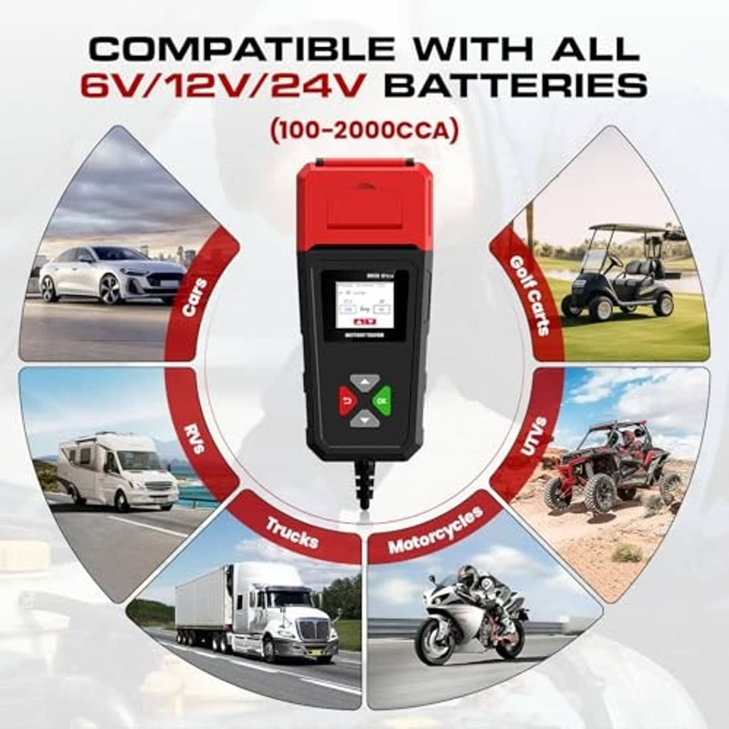 Car battery tester for 6V, 12V, and 24V batteries, red-and-black handheld