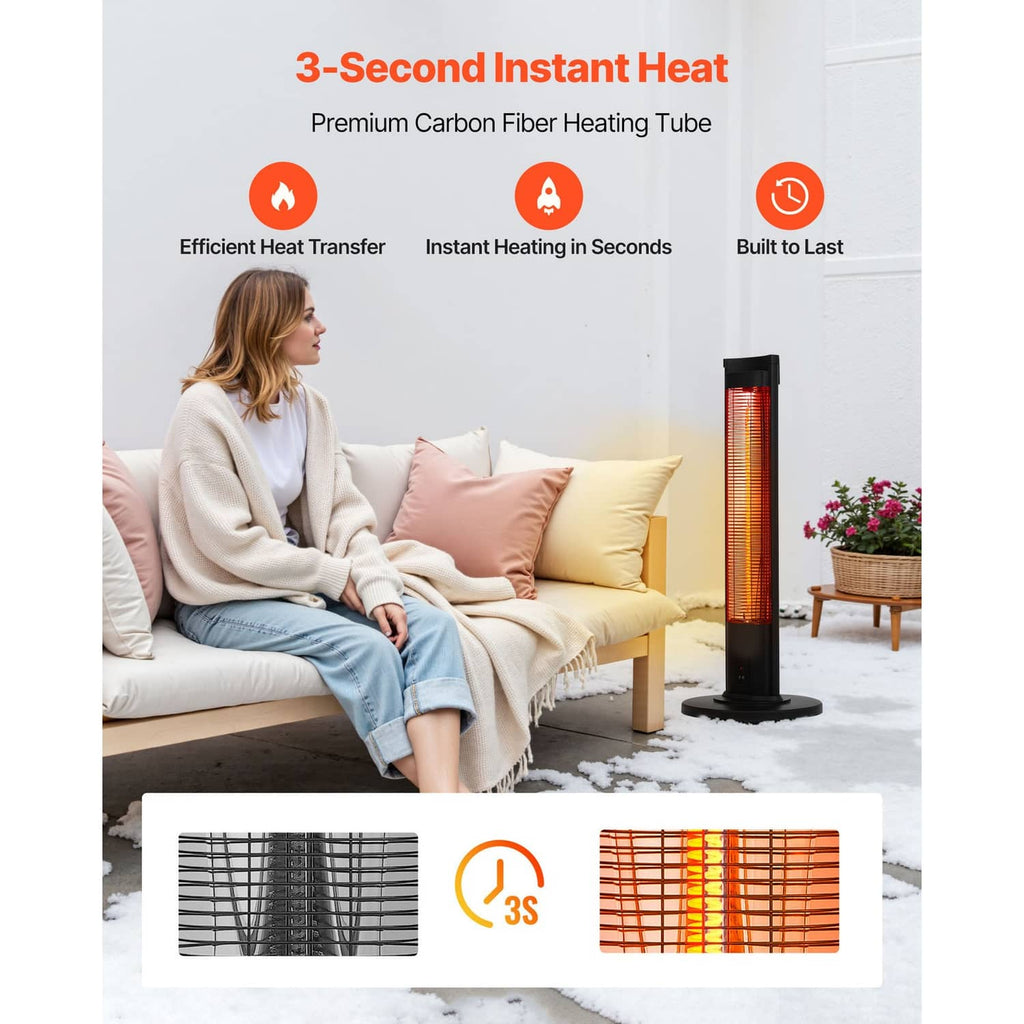 Infrared space heater tower with glowing heating element and stable round base