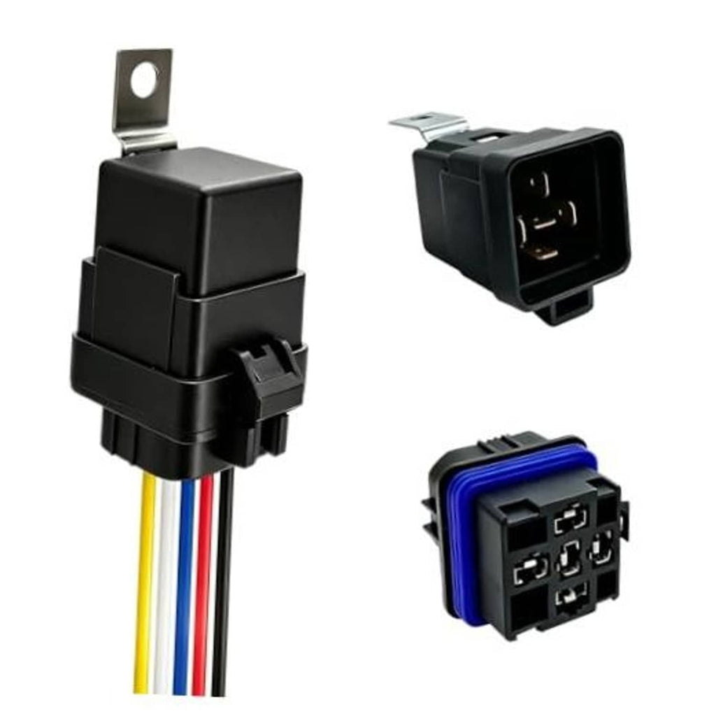 Black 5-pin automotive relay with mounting tab and color-coded wire leads