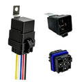 Black 5-pin automotive relay with mounting tab and color-coded wire leads