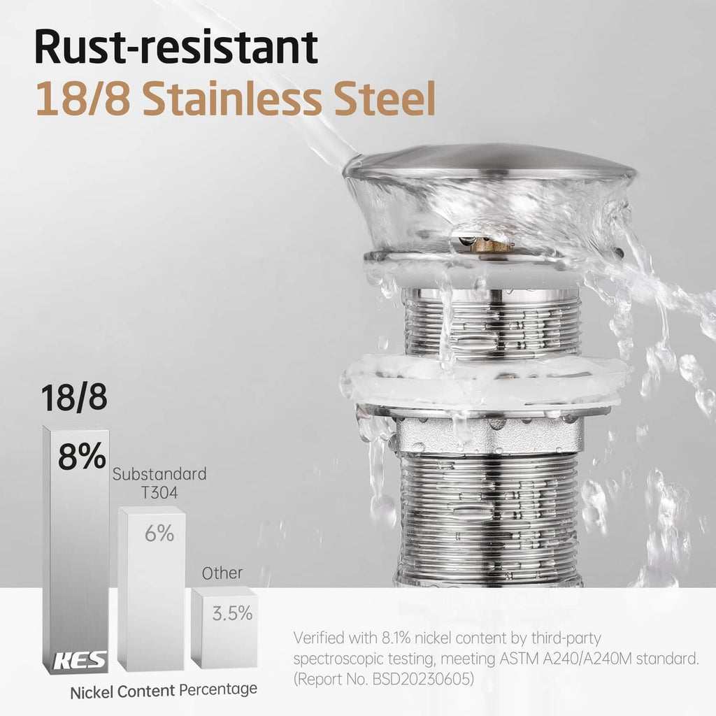 Rust-resistant 18/8 stainless pop-up sink drain with circular strainer top