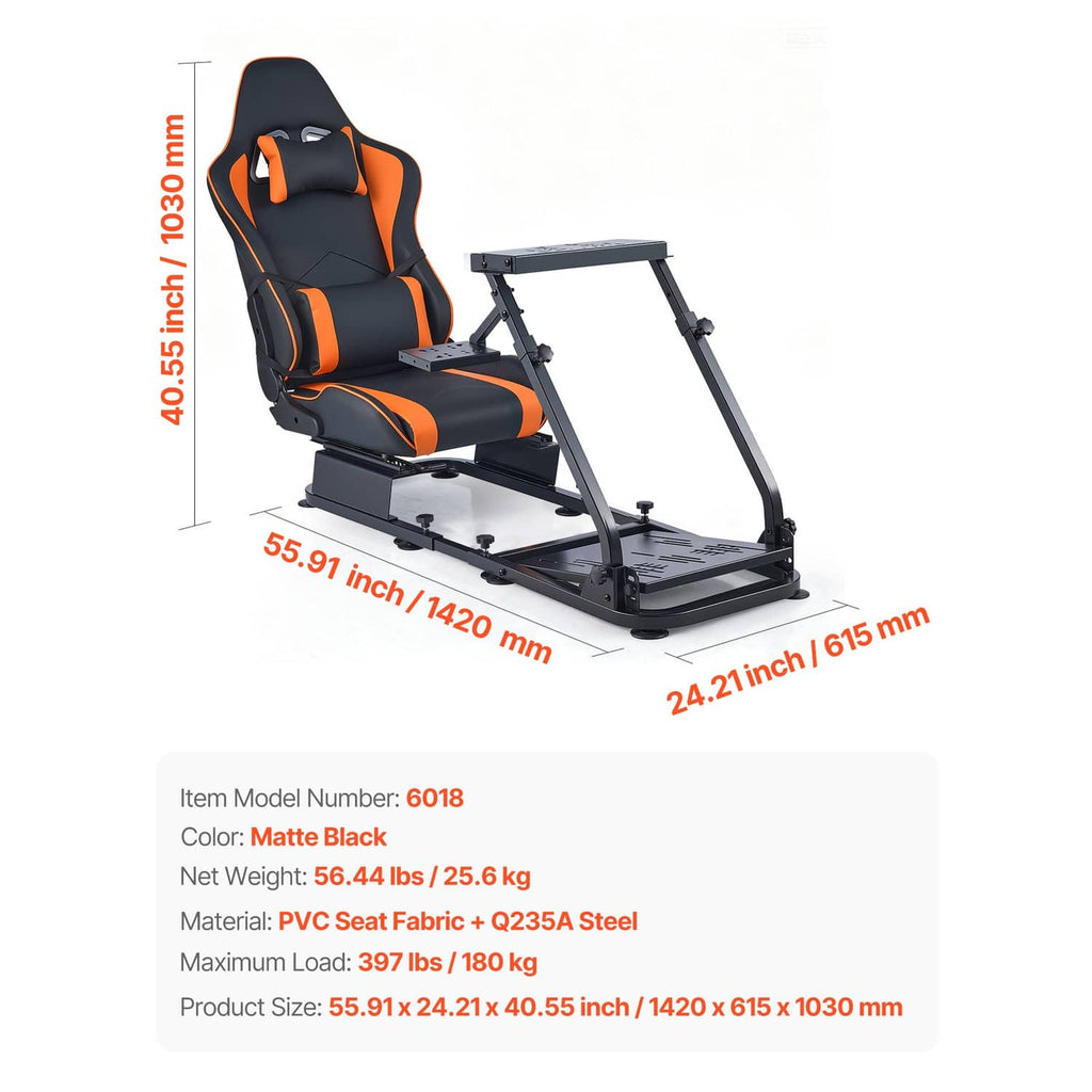 Black and orange racing wheel stand with seat, steel frame, and foot pedal platform