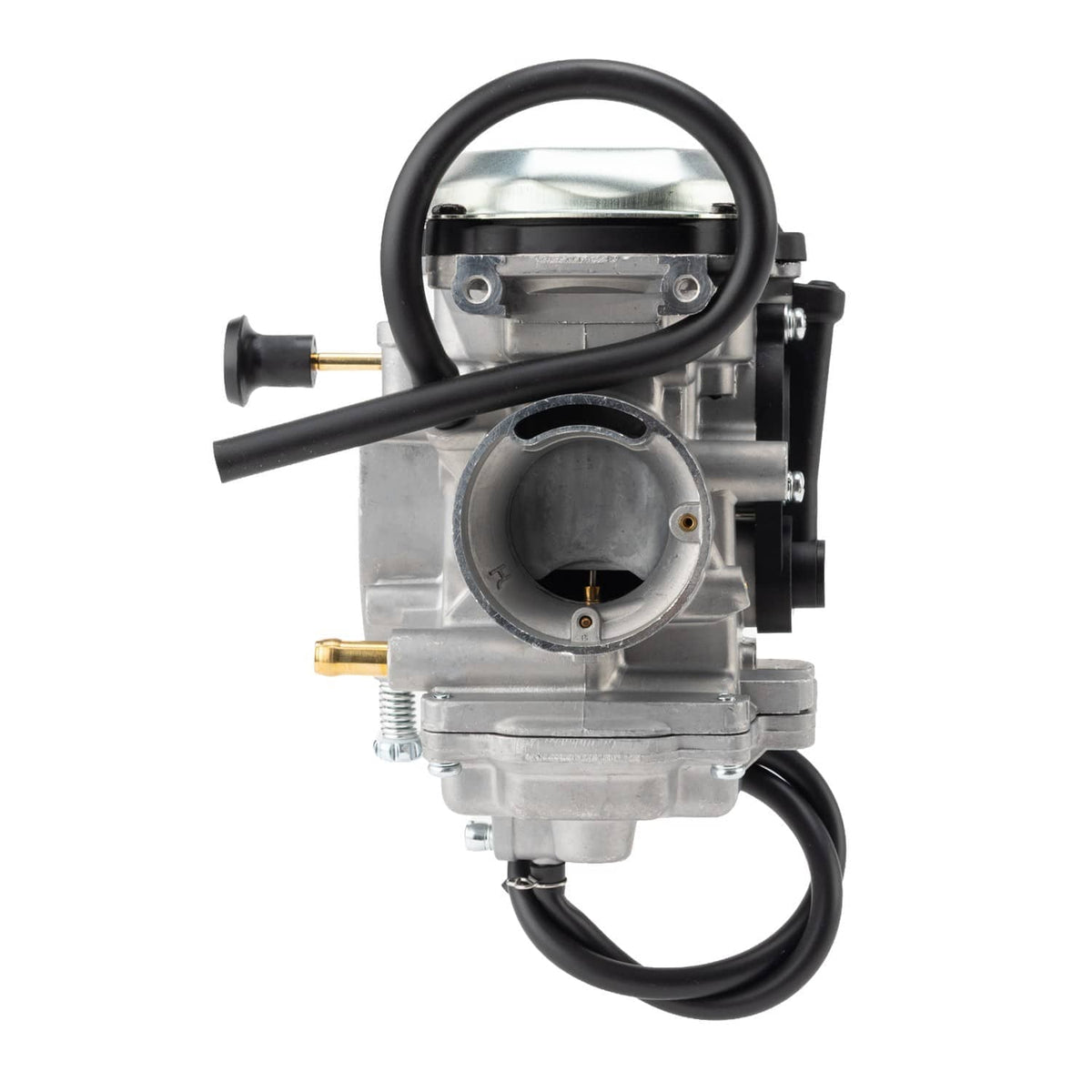 Carburetor with black hose connection and silver body with gold fittings