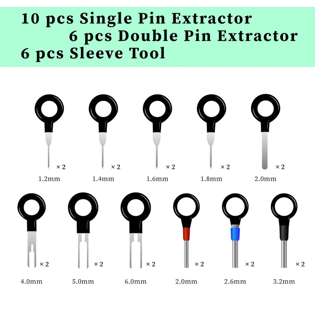 Single pin extractor tool set with multiple ejector pins and colored sleeve bands