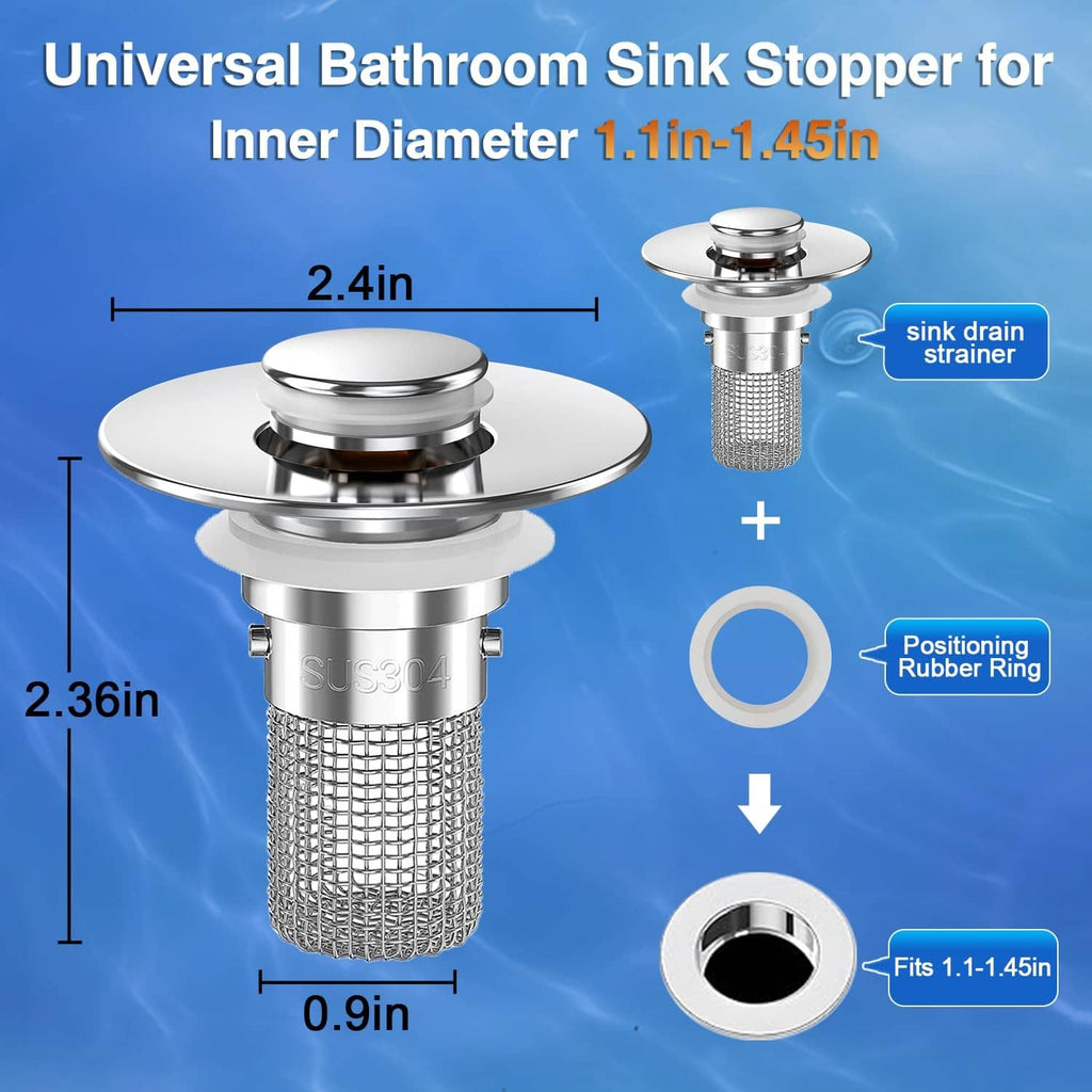 Silver pop-up sink stopper strainer with mesh basket and positioning rubber ring