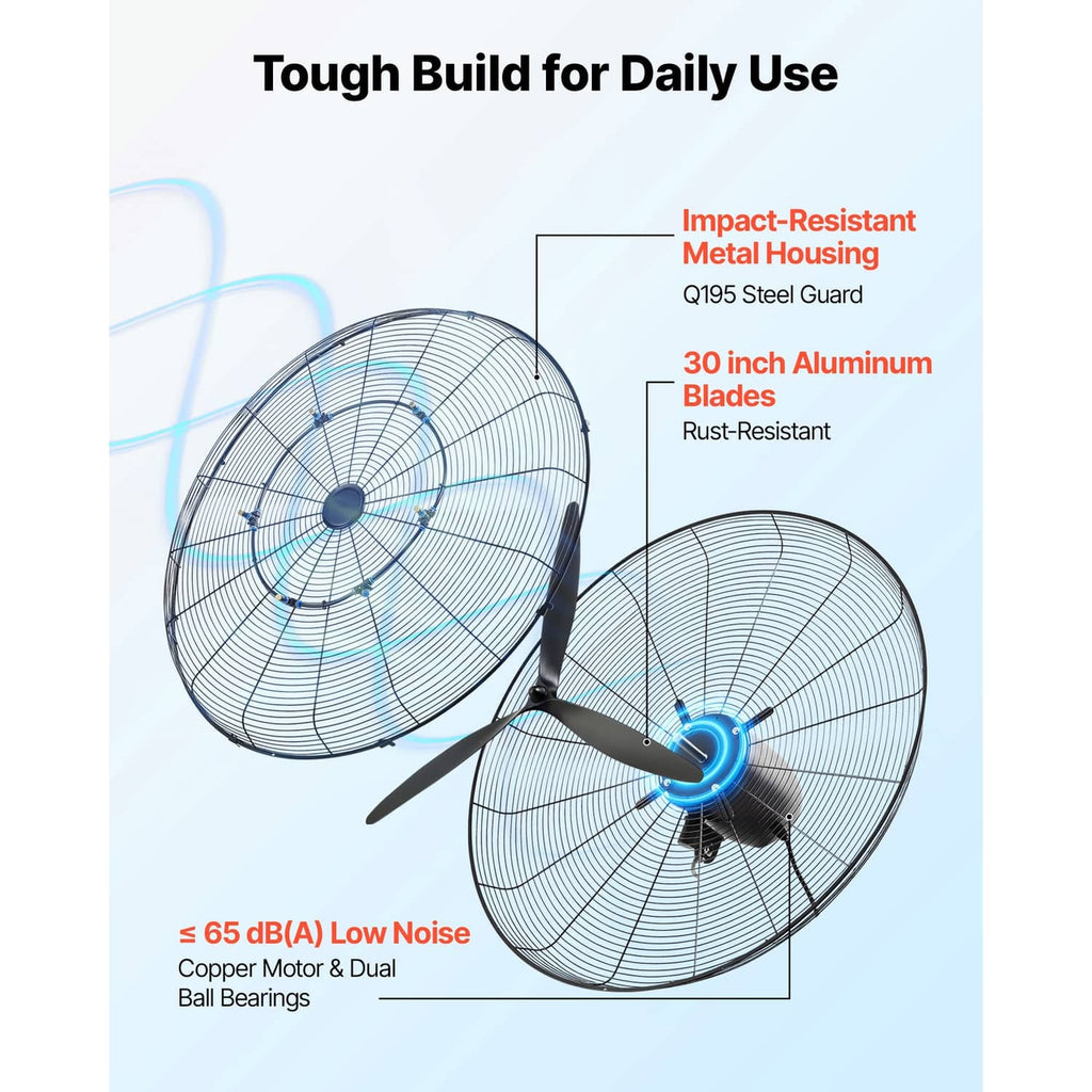 Wall fan with impact-resistant metal housing and 30-inch aluminum blades, dual blades.
