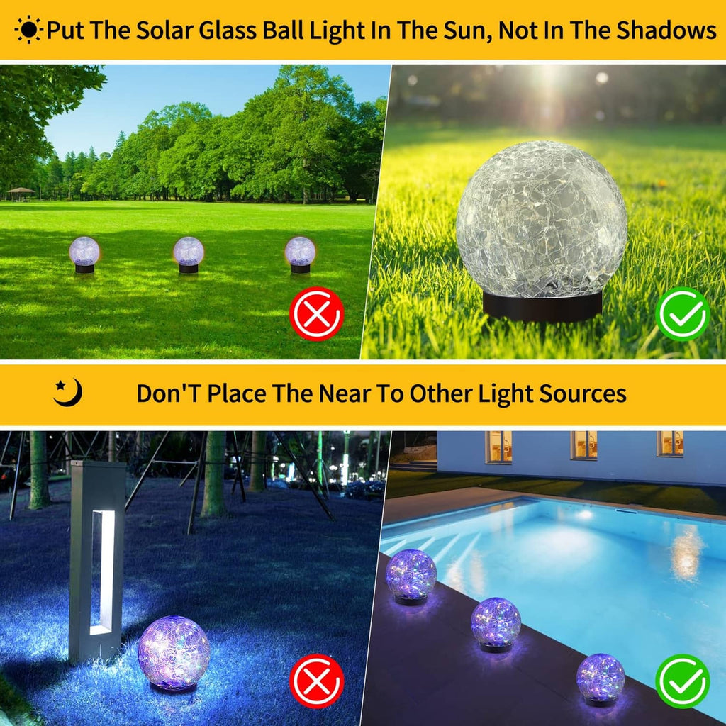 Solar globe path lights, clear glass spheres with black stake bases on grass