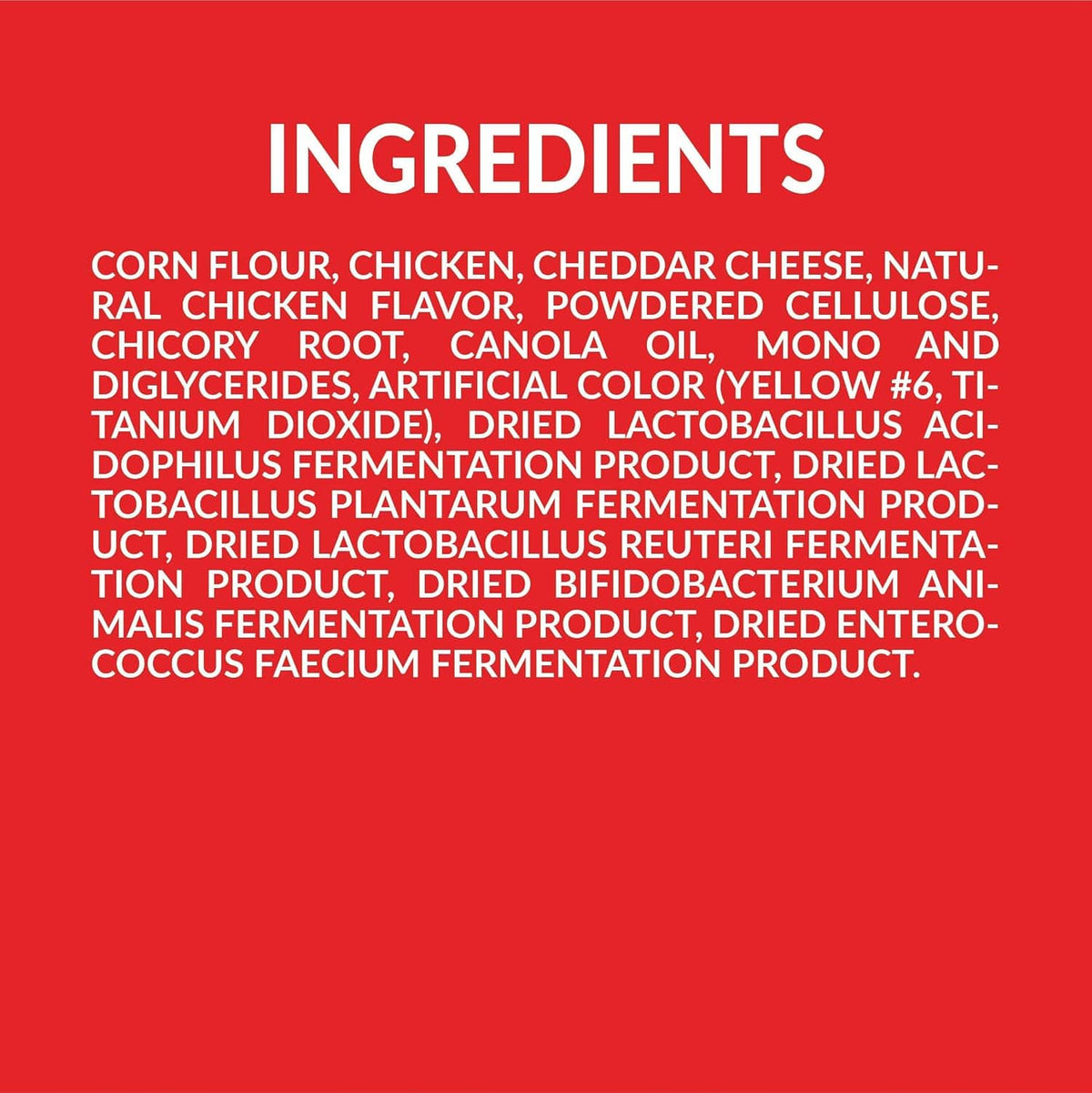 Ingredients label panel on red with ingredient list text