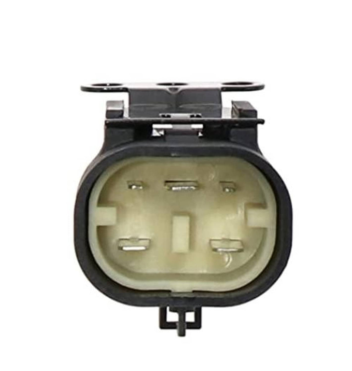 Electrical relay with black casing and round beige contact plate, connector terminals on top