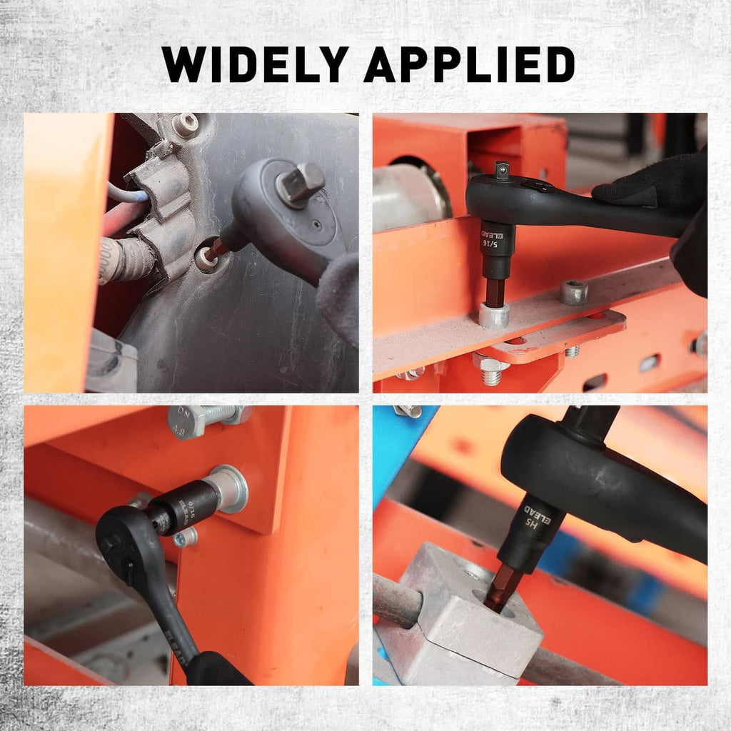Hex bit sockets in use on bolts with adapter attachments across multiple positions